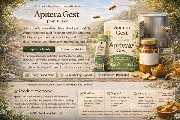 Apitera Gest functional honey-based blend supply from Türkiye for importers and distributors